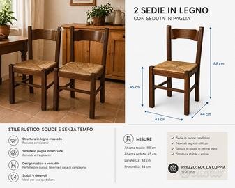 2 sedie in legno con seduta in paglia