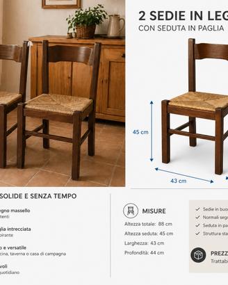 2 sedie in legno con seduta in paglia