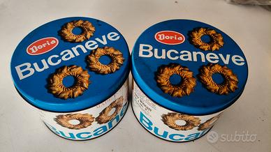 Coppia di scatole di latta vintage Bucaneve Doria 