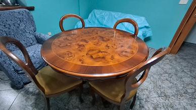 Set Tavolo Rotondo in Radica di Noce + 5 Sedie