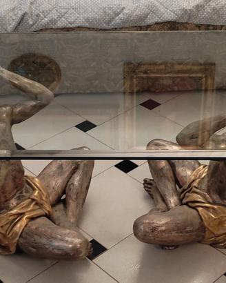 Tavolino cristallo vintage con due statuine