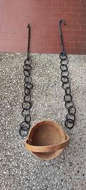 Antico secchio in legno + catene in ferro battuto