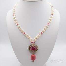 Collana Vintage pendente Cuore Cristallo Corallo