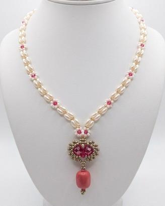 Collana Vintage pendente Cuore Cristallo Corallo