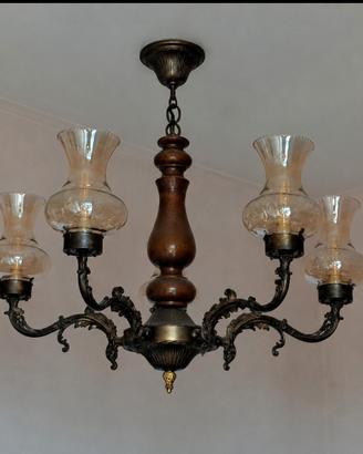 lampadario vintage legno vetro stile liberty epoca