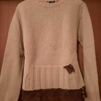 Maglione donna beige Shetland con pizzo decorativo