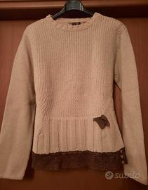 Maglione donna beige Shetland con pizzo decorativo