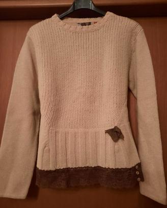 Maglione donna beige Shetland con pizzo decorativo