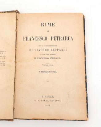Libro Antico Rime Petrarca Leopardi 1872 800