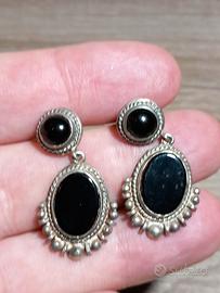 Argento Coppia Orecchini Pietra Nera Vintage 