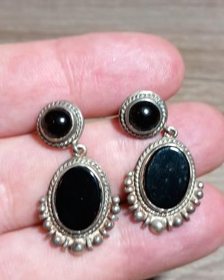 Argento Coppia Orecchini Pietra Nera Vintage 