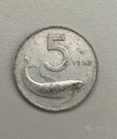 Moneta da 5 lire con delfino data 1953