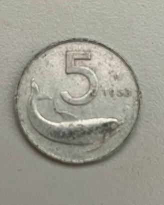 Moneta da 5 lire con delfino data 1953