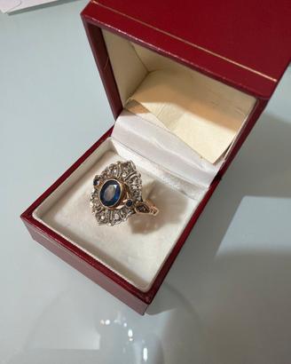 Anello vintage oro e diamanti con zaffiro centrle
