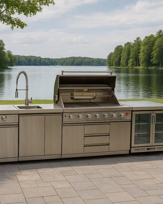 Cucina per esterno con barbecue a carbone