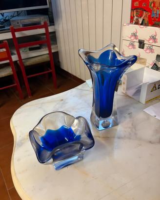 Coppia vaso e ciotola vetro sommerso vintage