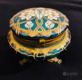 Moser blue enameled art glass footed trinket box