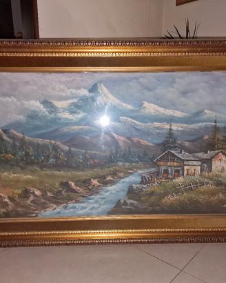 Quadro paesaggio montano con cornice dorata