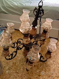 Lampadario vintage in metallo, vetro e ceramica