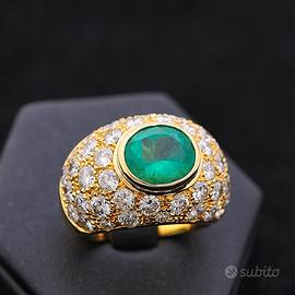 ANELLO DOME' ORO 18KT BRILLANTI 2.77 CT E SMERALDO