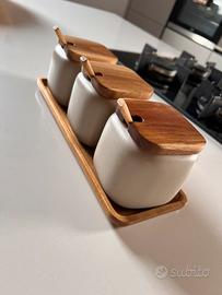 Set contenitori in ceramica e legno