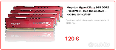 32GB di RAM DDR3 - Kingstone HyperX Fury