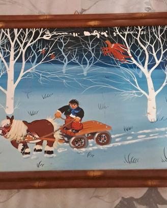 quadro Naif slavo del 1983, cavallo con carro