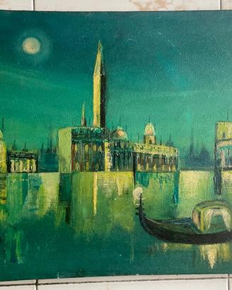Olio su tela Venezia notturna con gondola