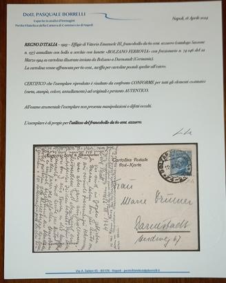 1923 60 cent. azzurro su cartolina 