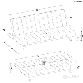 Divano letto 3 posti in tessuto grigiocon schienal