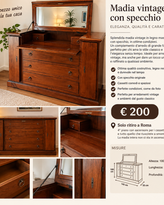 Splendida madia vintage in legno con specchio