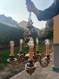 Lampadario vintage in ottone a 5 bracci stile fiam