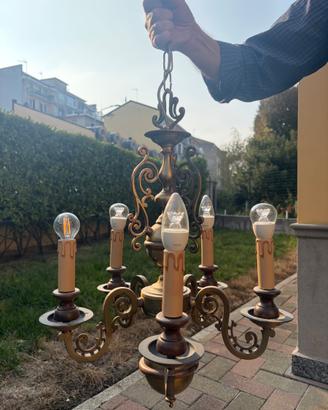 Lampadario vintage in ottone a 5 bracci stile fiam