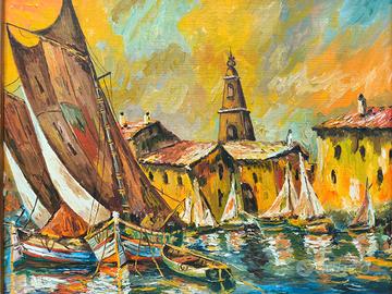 UNICO E RARO Olio su Tavola Saint Tropez Marina