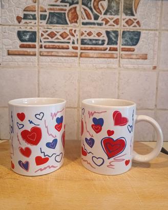 Coppia di tazze mug in ceramica cuori rossi e blu