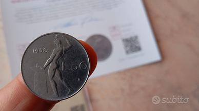 Raro 50 lire 1958 BB periziato Repubblica Italiana
