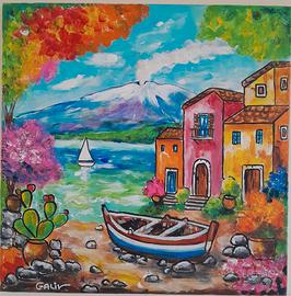 Quadro "Etna e Borgo marinaro" - pittore Galiv