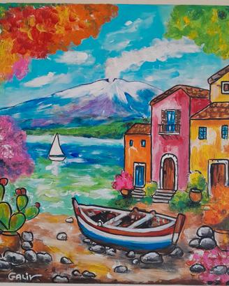 Quadro "Etna e Borgo marinaro" - pittore Galiv
