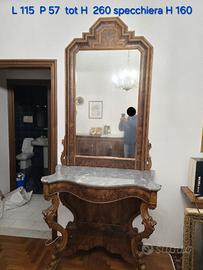 Consolle con Specchiera in Radica di Noce e Marmo