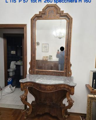 Consolle con Specchiera in Radica di Noce e Marmo