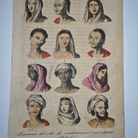 1824 Incisione Acquerellata Volti Abitanti India