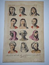 1824 Incisione Acquerellata Volti Abitanti India