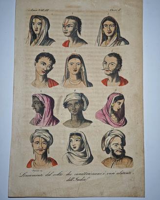 1824 Incisione Acquerellata Volti Abitanti India