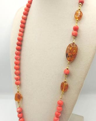 Collana CORALLO  Rosato Bamboo e AMBRA del Baltico