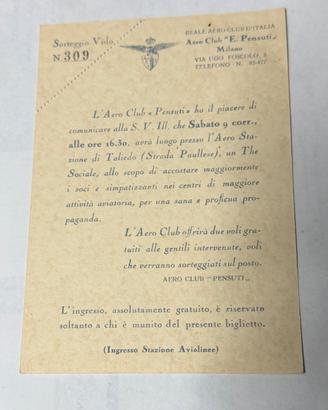 biglietto/invito d'ingresso d'epoca dell'Aero Club