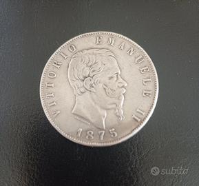 Moneta 5 lire Argento 1875 Roma Rara 