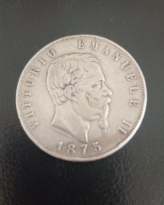 Moneta 5 lire Argento 1875 Roma Rara 