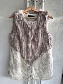 Gilet donna in ecopelliccia beige/grigio