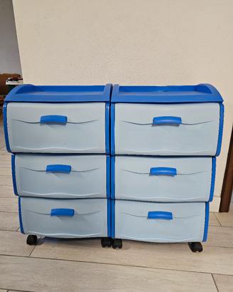 Cassettiere azzurre in plastica con Rotelle