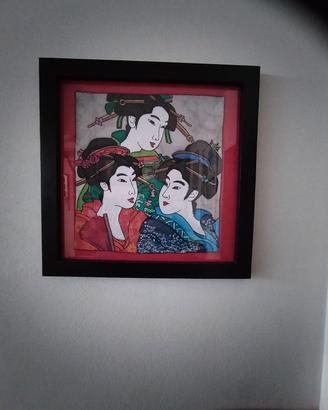 Quadro con Stampa su seta "Tre geishe" con cornice